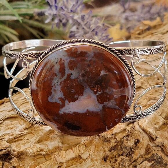Wide Sterling Silver Cuff, Fiery Feather Red Plume Agate Cuff Bracelet - Picture 1 of 10